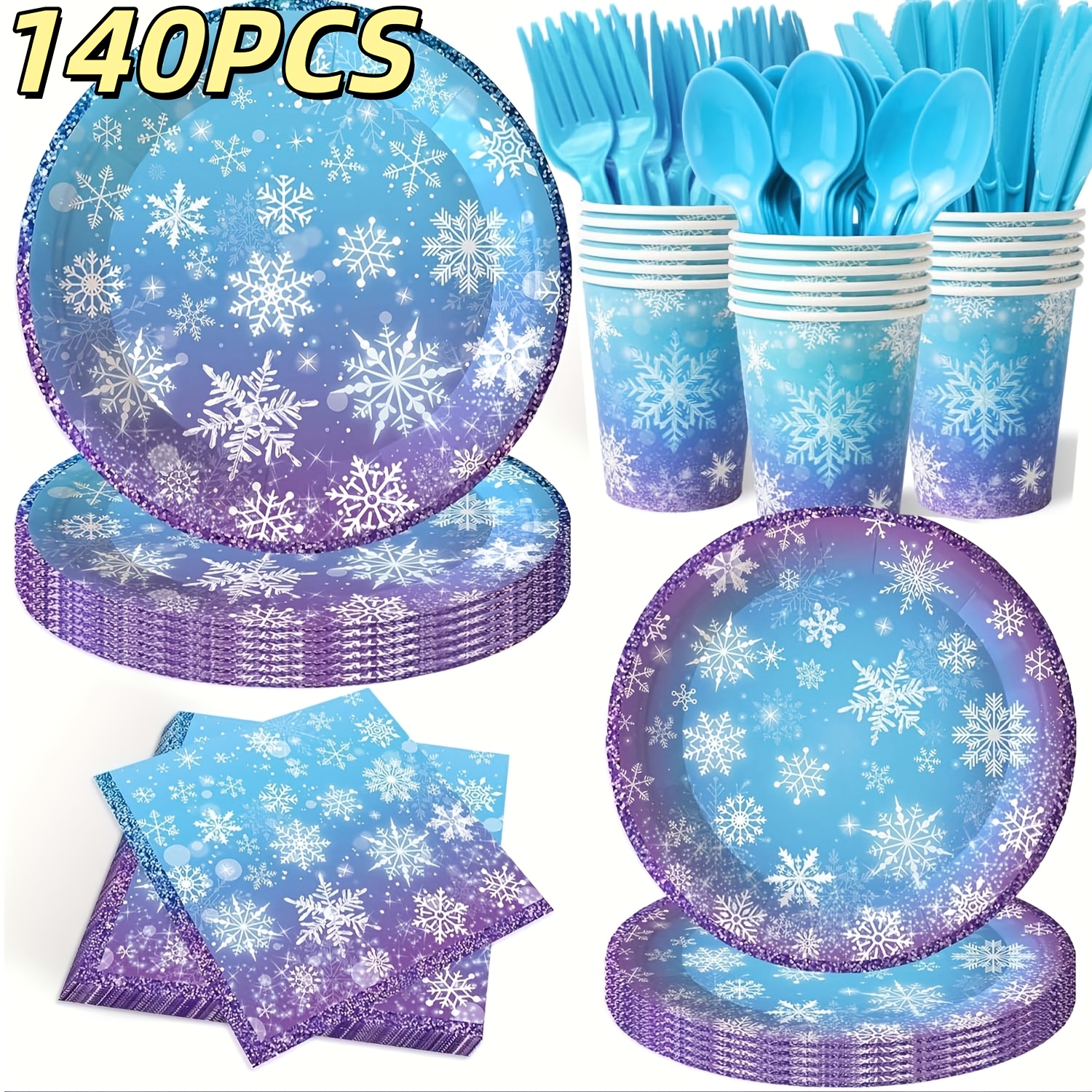 TEMU 140pcs Decorations Snowflake Plates And Napkins Blue And Purple Snowflake Supplies Tableware Set For Christmas Winter Birthday New Year Party