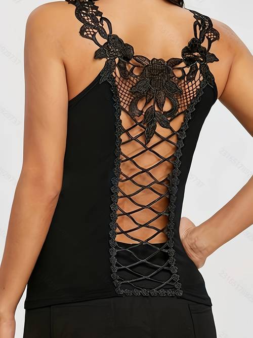 womens back lace trim splicing round neck sleeveless t shirt