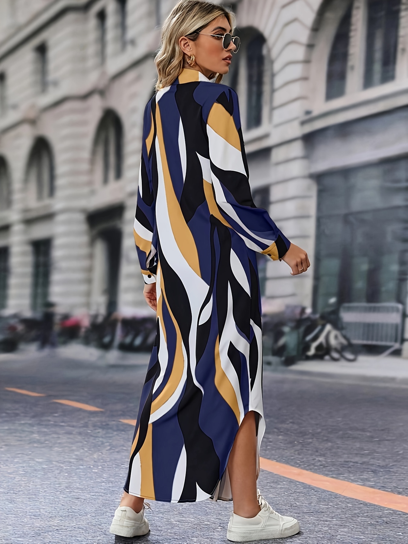 abstract print button shirt dress elegant collared long - Temu