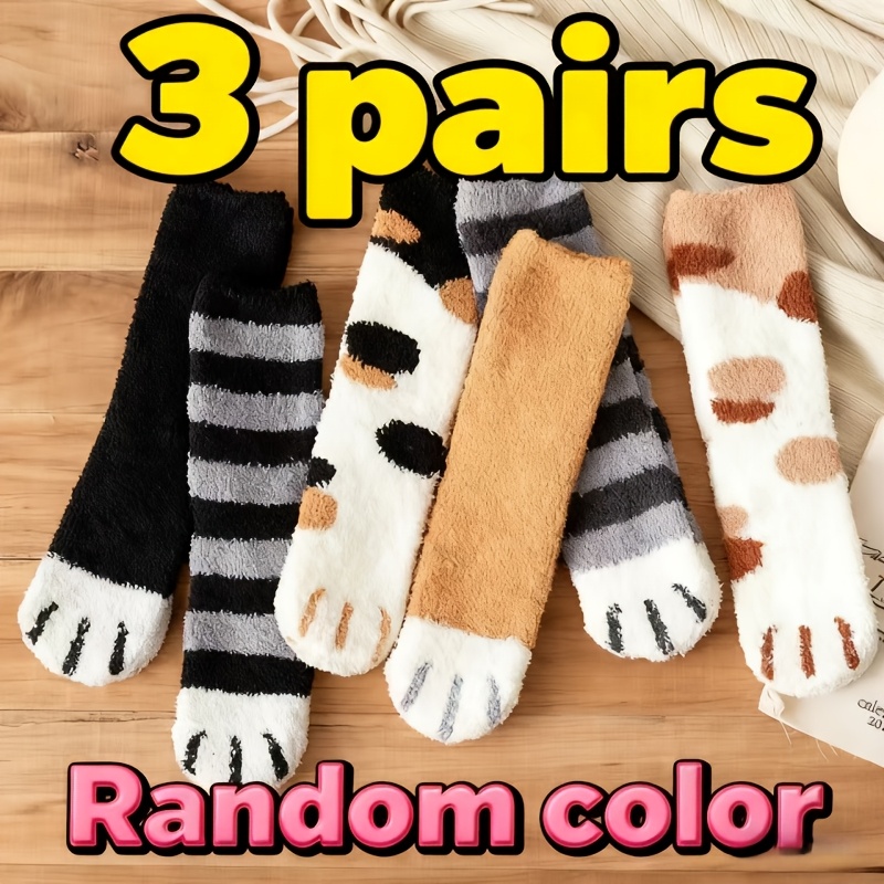 Image of Random 3/5 Pairs Coral Fleece Socks Women's Winter Fleece Thick Warm Plush Sleep Socks Cute Cat Paw Towel Floor Socks Comfortable Trendy Versatile Fashion
