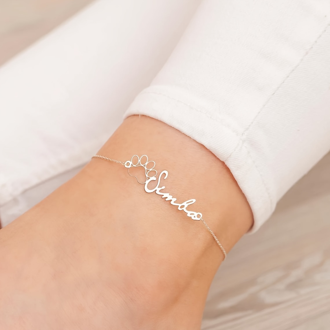 TEMU Custom Dog Paw Print Anklet, Personalized Cute Cat Animal Footprint Anklet, Stainless Steel Anklet, Women's Popular Jewelry, Language To English