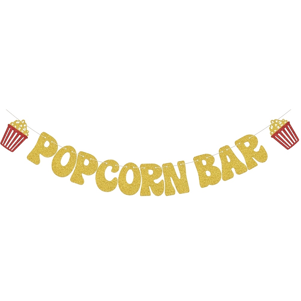 Image of Golden Glitter Popcorn Bar Banner - Movie Theater Party Decorations Suitable For Birthdays, Bachelorette Parties & Popcorn Bars - Glittery Cinema Sign For Room,, Entrance - Paper Banner Decor