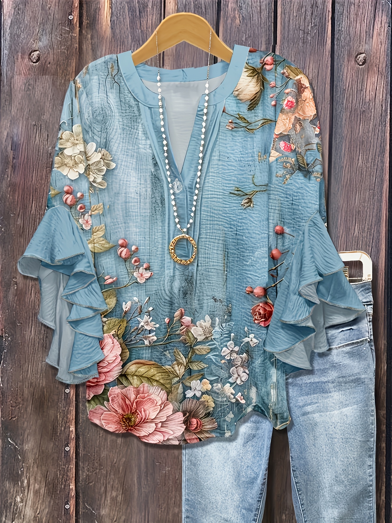 womens summer new   sleeve printed v neck top