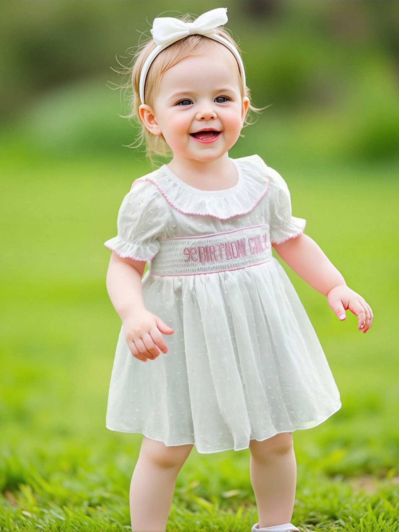 blue dress for baby girl Pink and White Birthday Girl Smocked Dress – Newnan Mercantile main image 0