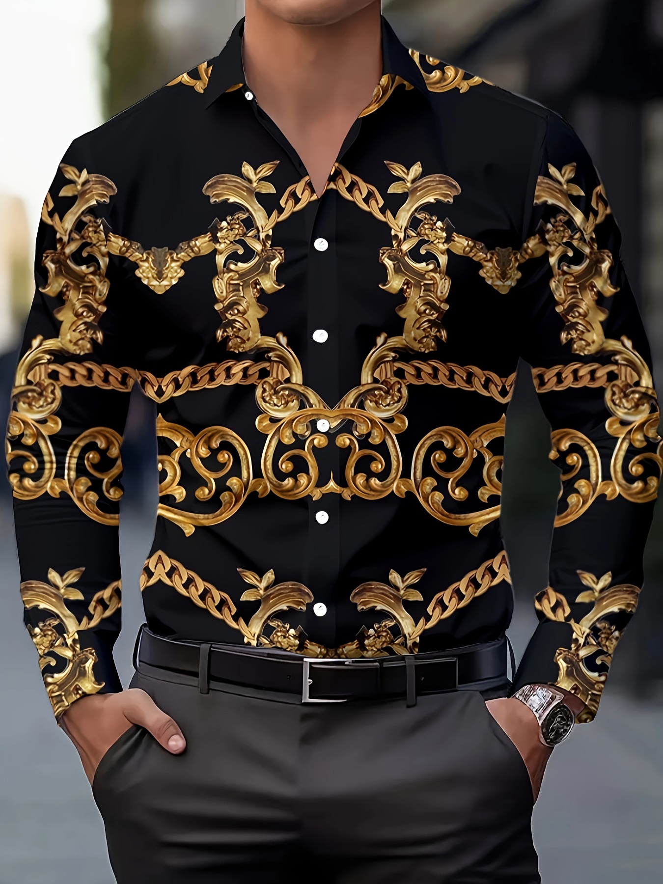 beautiful golden baroque floral print full of art, men's casual shirt,  button- , daily outdoor shirt, spring and autumn casual long-sleeved top,  suitable for gifts, men's gifts, 2025 new long-sleeved shirts, european