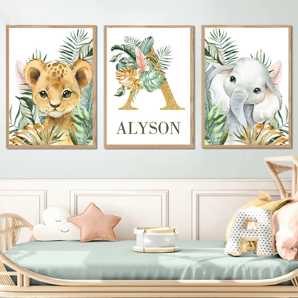TEMU Ensemble de 3 pièces d'art sur toile personnalisé Alyson, affiches de lion et d'éléphant personnalisées, d'animaux de jungle , décoration murale