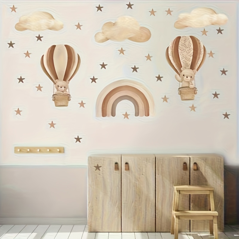 Brown Series Hot Air Balloon Bear Wall Stickers, Suitable For Decorating Hotels, Guesthouses, Offices, , Living Rooms, , And Bedrooms. Self-adhesive, Removable Pvc Wall Murals