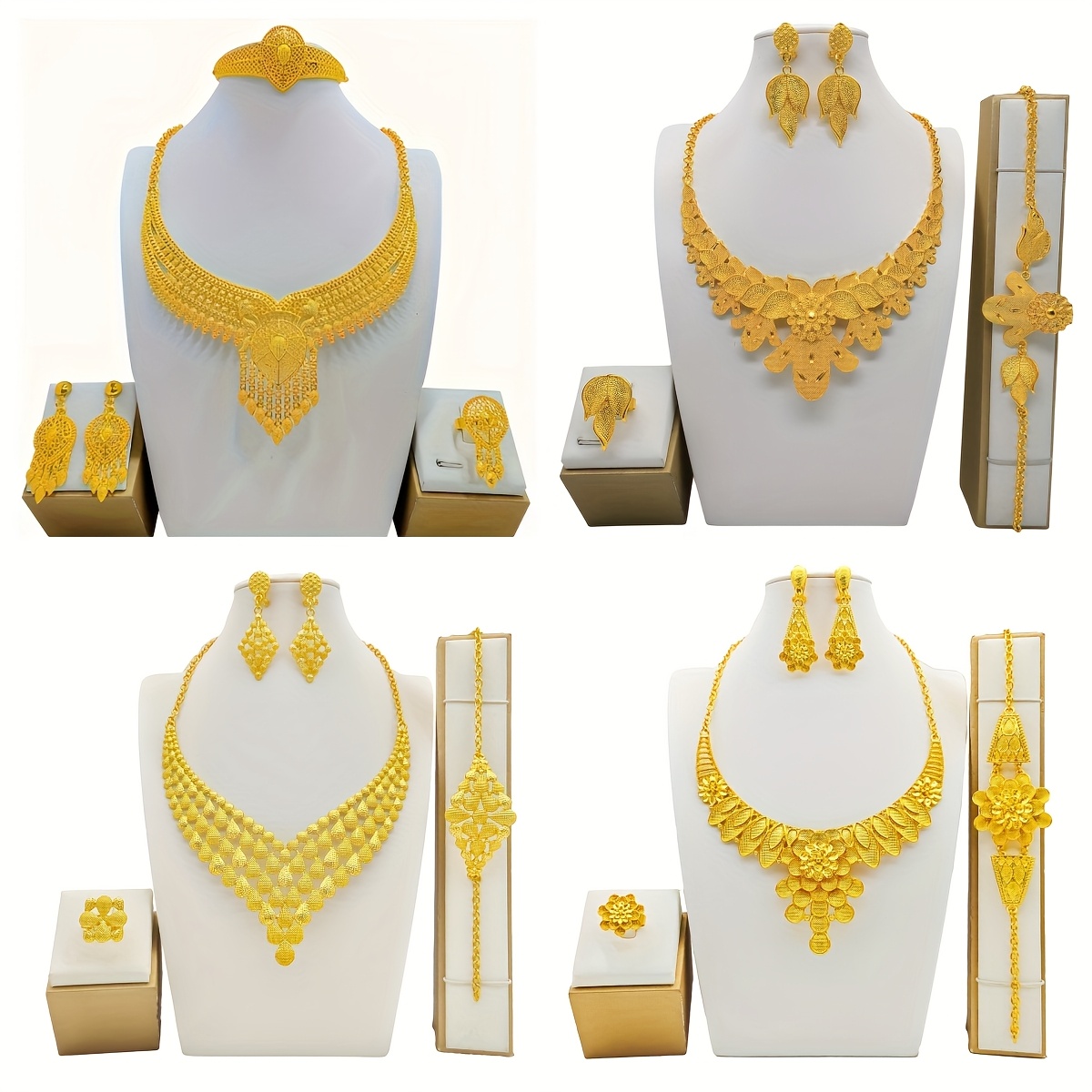 

4pcs Arabic Inspired Deluxe And Bridal Necklace, Earrings, Ring, And Bracelet Set For Women