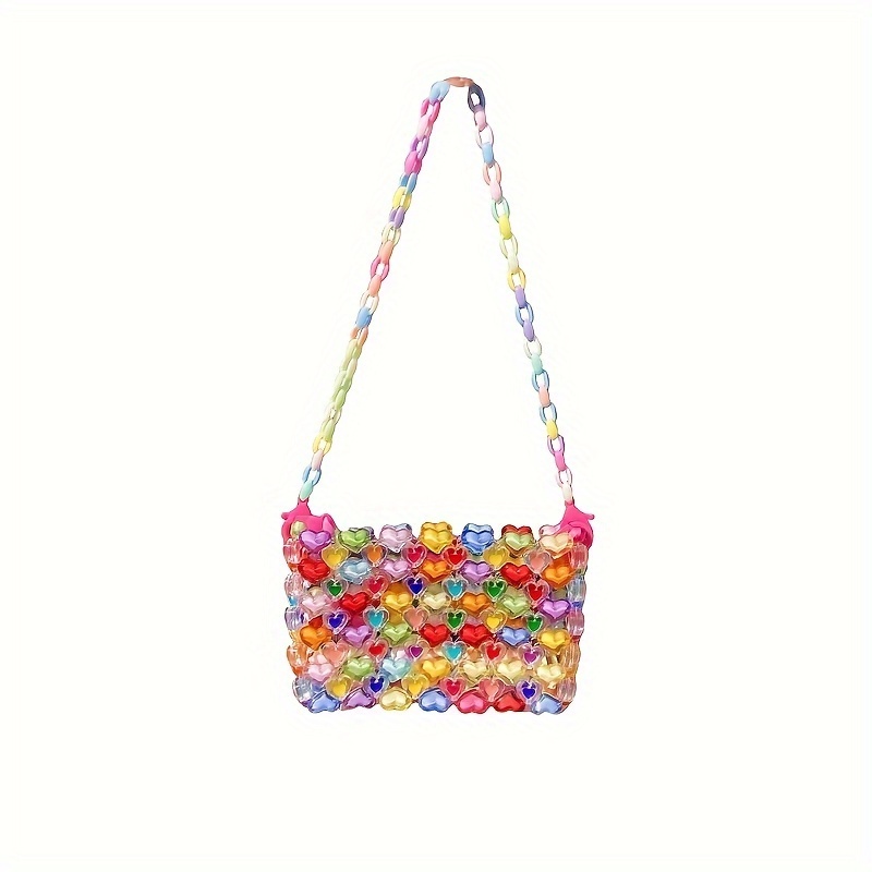 

Colorful Acrylic Love Heart Beaded Crossbody Bag, Fashionable For Women