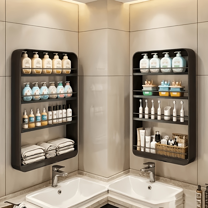 1pc no punch wall mounted shelf household cosmetics multi layer storage hanging shelf bathroom   care products organizer bathroom toilet wall   storage rack kitchen multi layer spice shelf floating shelves