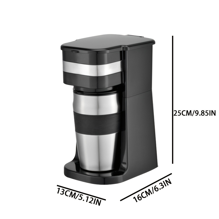 Single Cup Drip Coffee Maker Comes with a Portable 14.2Oz Stainless Steel Cup, Featuring a Removable Filter Basket, Sleek Black End, Automatic Warming, And 750W Power
