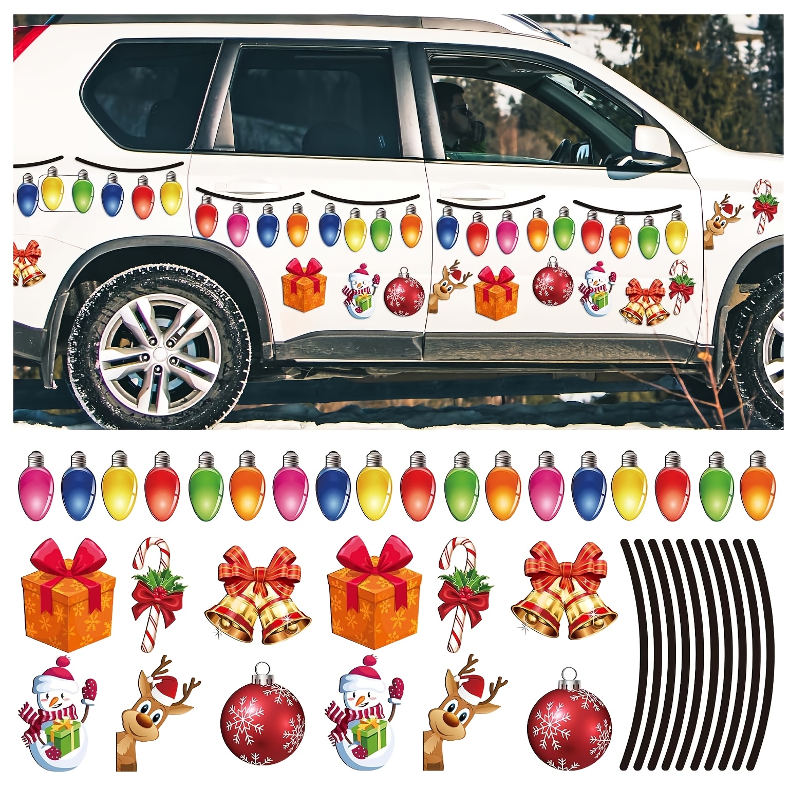 TEMU 40 Sets Of Christmas Reflective Car Magnets, With Christmas-themed Car Decorations, Colorful Bulbs With Wire Magnetic Strips, Snowflake Ribbons