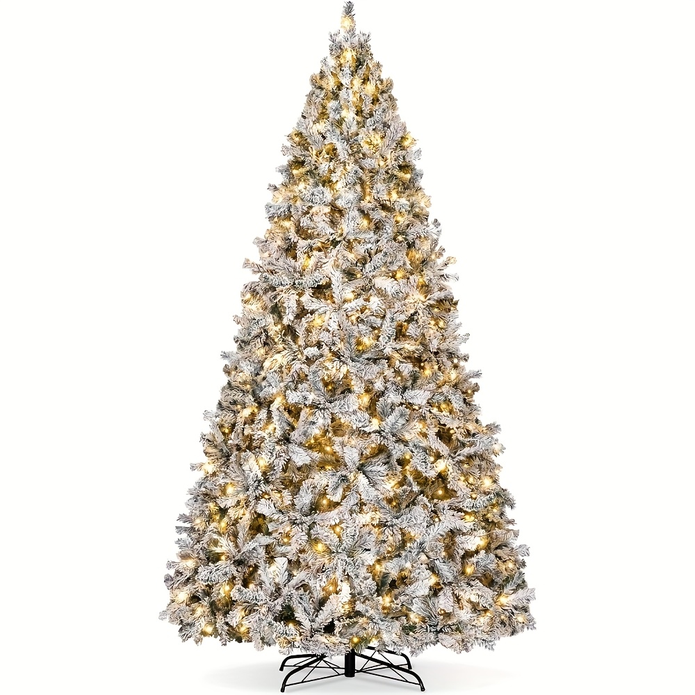 

6/7.5/9ft Artificial Christmas Tree With Led Warm White Lights, Snow Flocked Prelighted 250 Led Lights & 928 Branch Tips, Metal Hinges Foldable Base, Full Tree For Holiday Decor, White