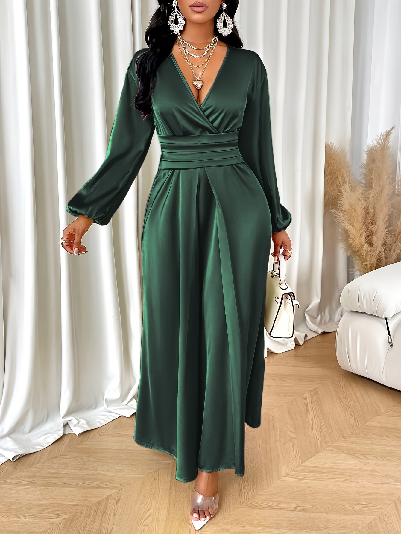 dark green dress womens Berylove Women Maxi Mother Dress Plus Size Dark Green A Line V Neck Wedding Party Guest Dress with Half Sleeves, Dark Green / 3XL main image 0