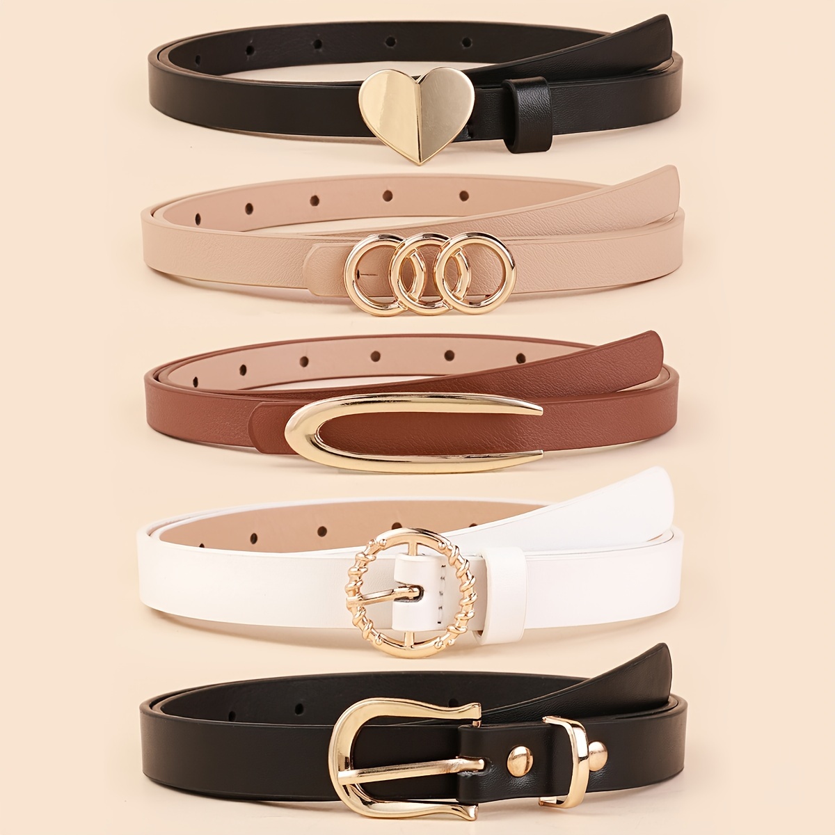 5pcs Skinny Thin Belts Women Solid PU Leather Classic Dress Belt