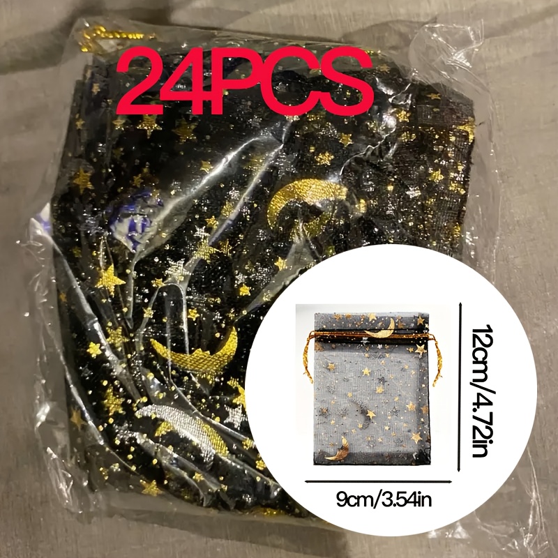 TEMU Gift For Her/him 24 Black Metallic Foil Transparent Organza Bags With Jute String, In 4 Sizes, Featuring An Astrology Theme, Perfect For Party