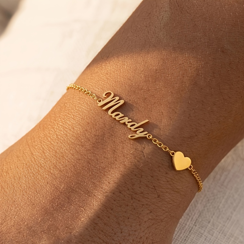 TEMU Braccialetto personalizzato con , 304L acciaio inossidabile inciso con ciondolo a cuore, braccialetto da donna, , impermeabile e resistente al