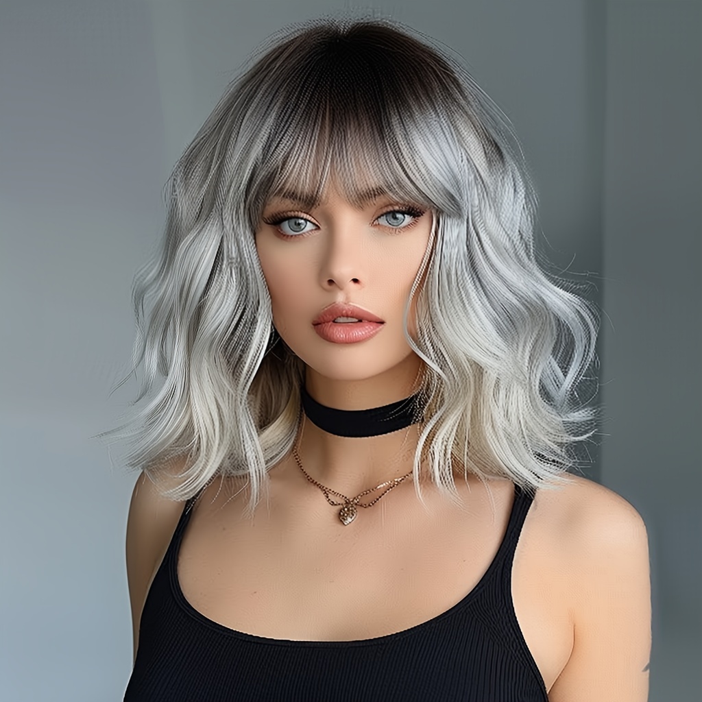 

Chic 12" Ombre Bob Wig With Bangs For Women - Curly Wave Synthetic Hair, High-density 150%, Ideal For Halloween, Cosplay & Party Events, Wig Accessories