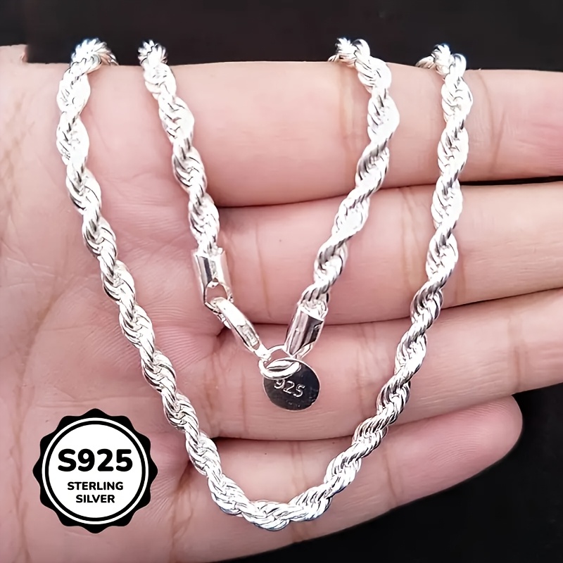 New 925 Sterling Silvery Twisted Rope Necklace, Simple Hip-hop Style, Shiny Basic Chain, Women's Jewelry, Elegant Design