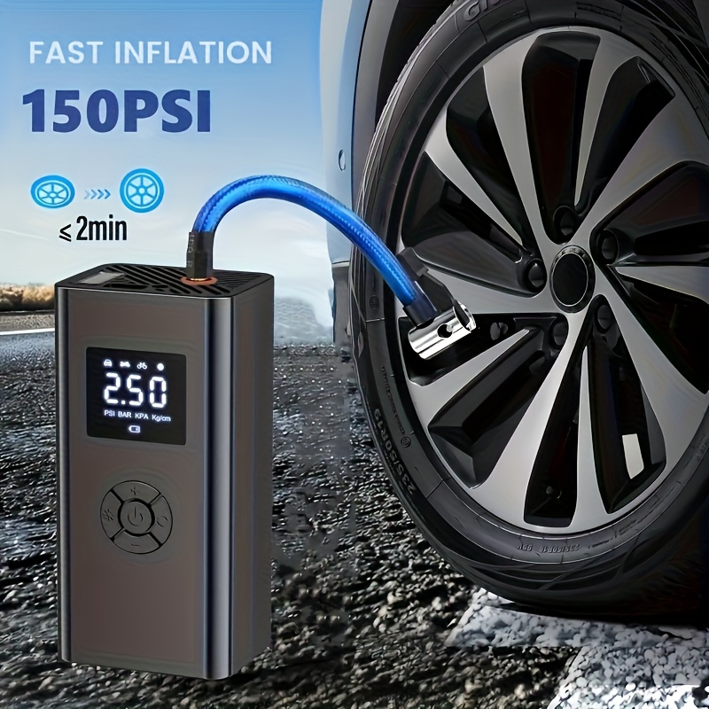 Tire Inflator Portable Air Compressor – 150 PSI, 4500mAh Battery, Auto Shut-Off, 4 Preset Modes, LED Display, Emergency Power Bank For Car, Bike, Motorcycle, Balls