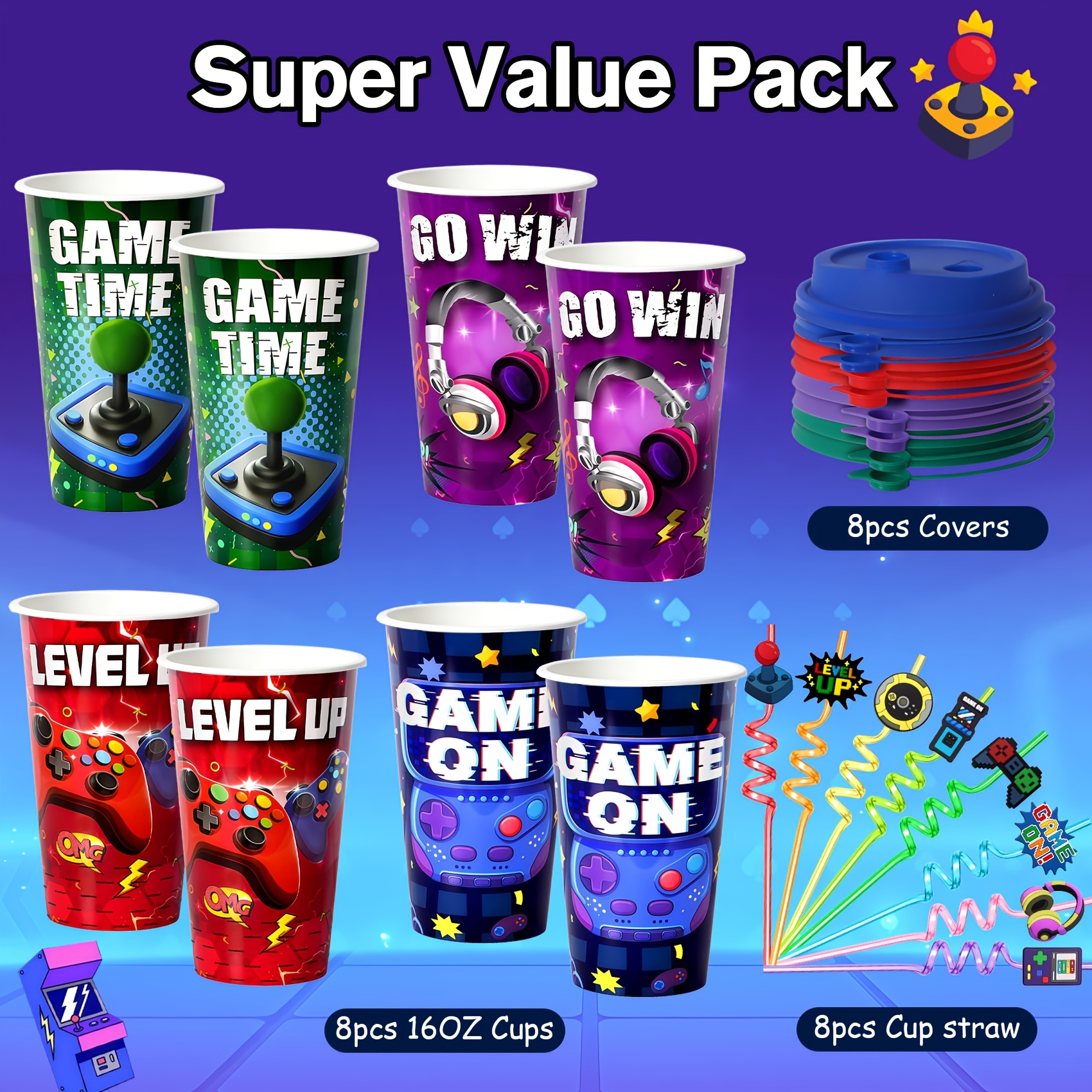 TEMU 8 Cups 8 Straps E-themed Party Kit, Reusable Gamer Party Kit, Candy Mug Birthday Party Mug, For Juices, And Desserts, Perfect Gift For Birthday