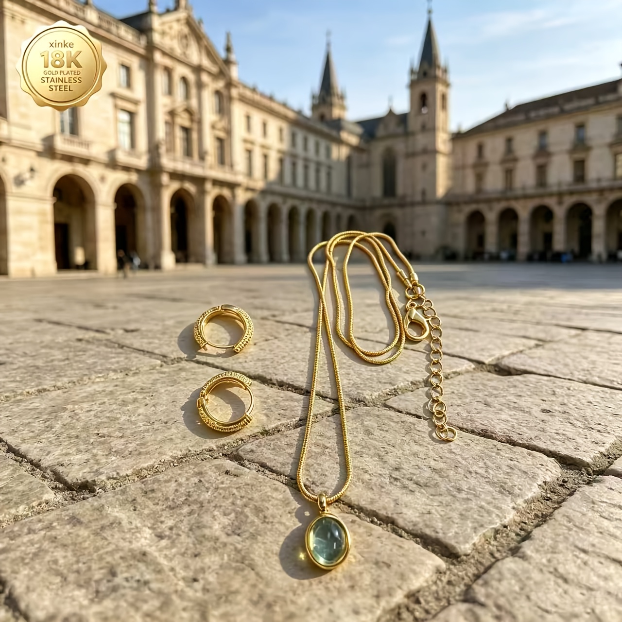 18K Gold Plated Women's Easy Necklace and Earrings Set