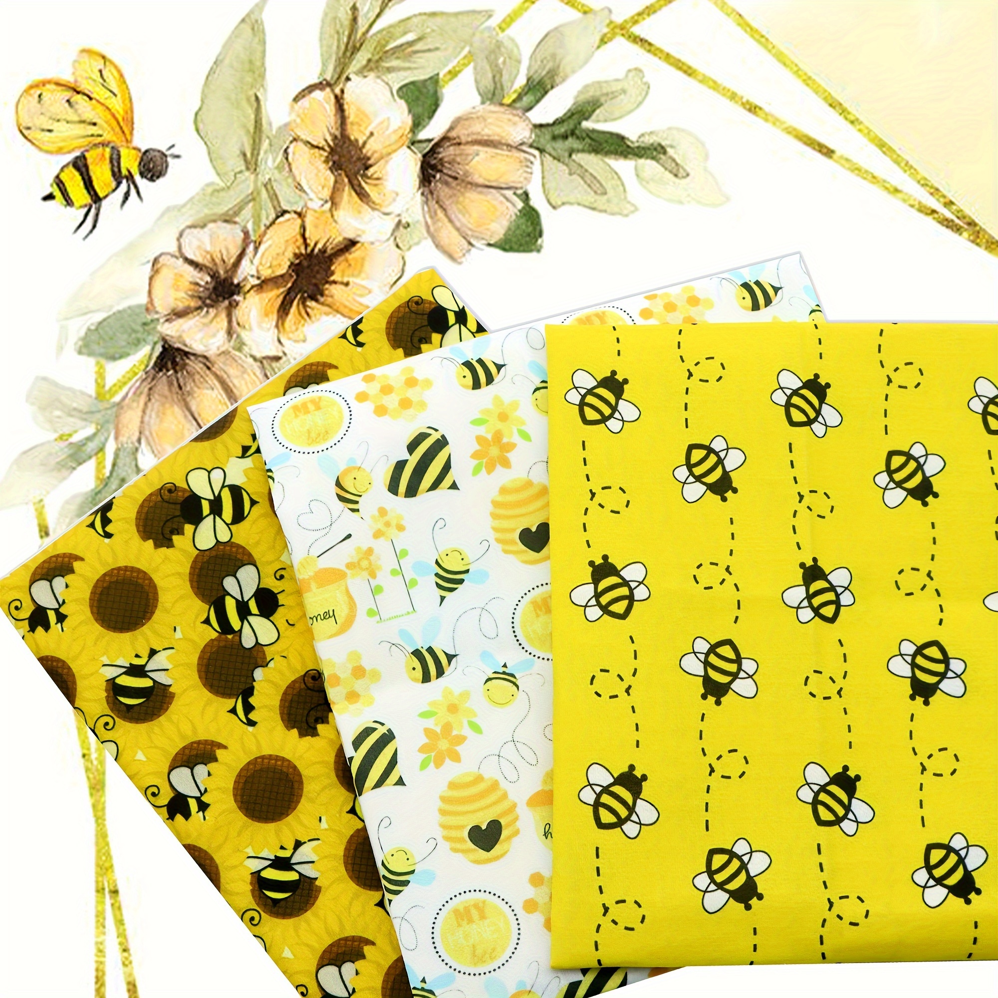 

3-piece Sunflower & Bee Themed Quilting Fabric, 19.68x17.7 Inches, Pre-cut Polyester For Diy Doll Clothes And Crafts, Thickened 120gms, Hand Wash Only Flower Fabric For Sewing