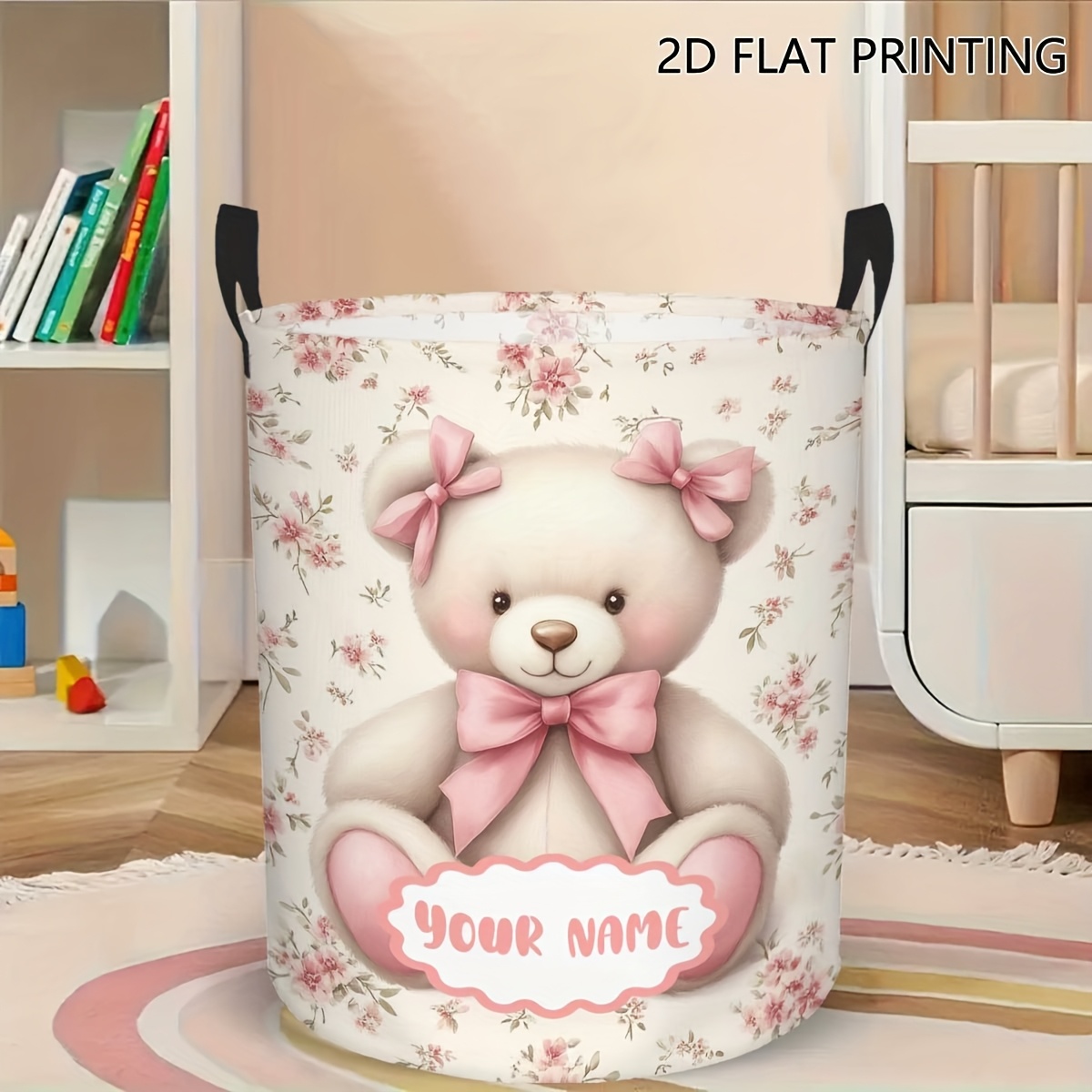 TEMU [customizable] Custom Name And Text Laundry Basket, Floral Teddy Bear Print, Round Storage Basket With Handle, Suitable For Clothes, Books, And