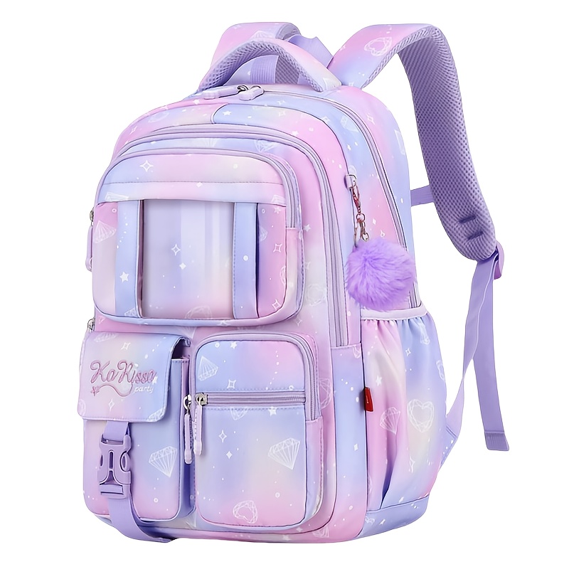 TEMU 1pc Lightweight Breathable School Backpack With Pendant - Pastel Purple & Pink Gradient Design, Multiple Compartments, Padded Straps For School,