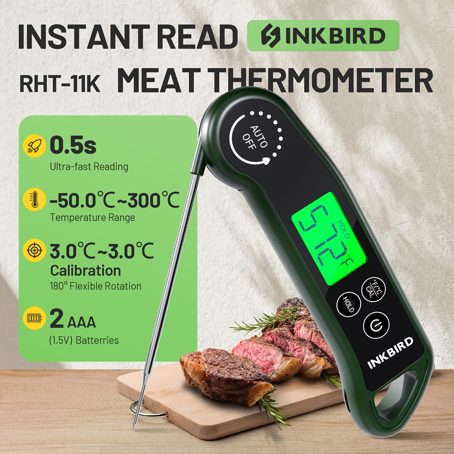 TEMU 1pc 0. Instant Read Meat Thermometer, Kitchen Food Thermometer With ,, Super Accurate Detection, Green Backlight Display, Held, Cooking For Bbq,