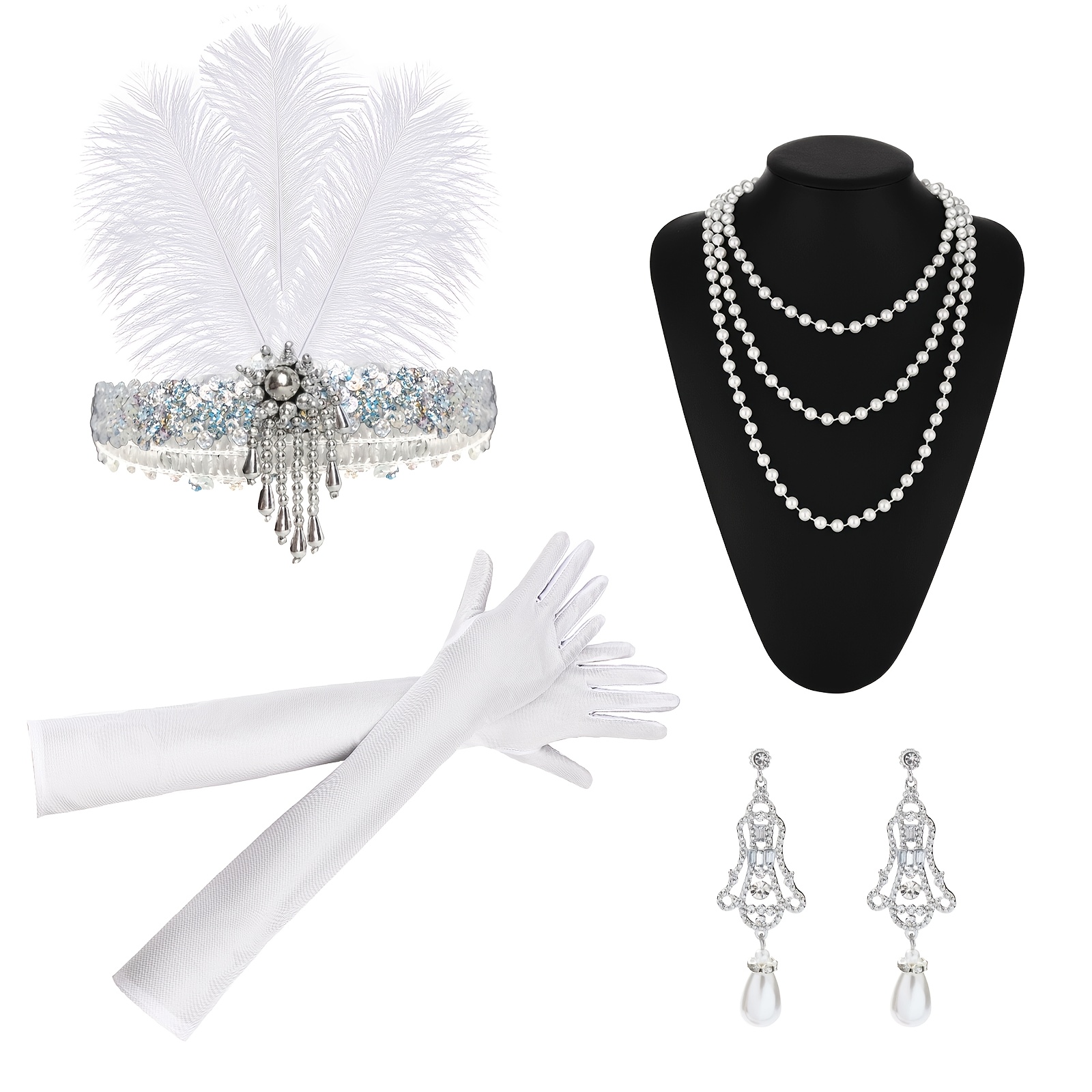 TEMU Ensemble de 4 pièces comprenant : 1 coiffe à plumes, 1 paire de clous d'oreilles pendants, 1 collier et 1 paire de gants pour femme. Convient