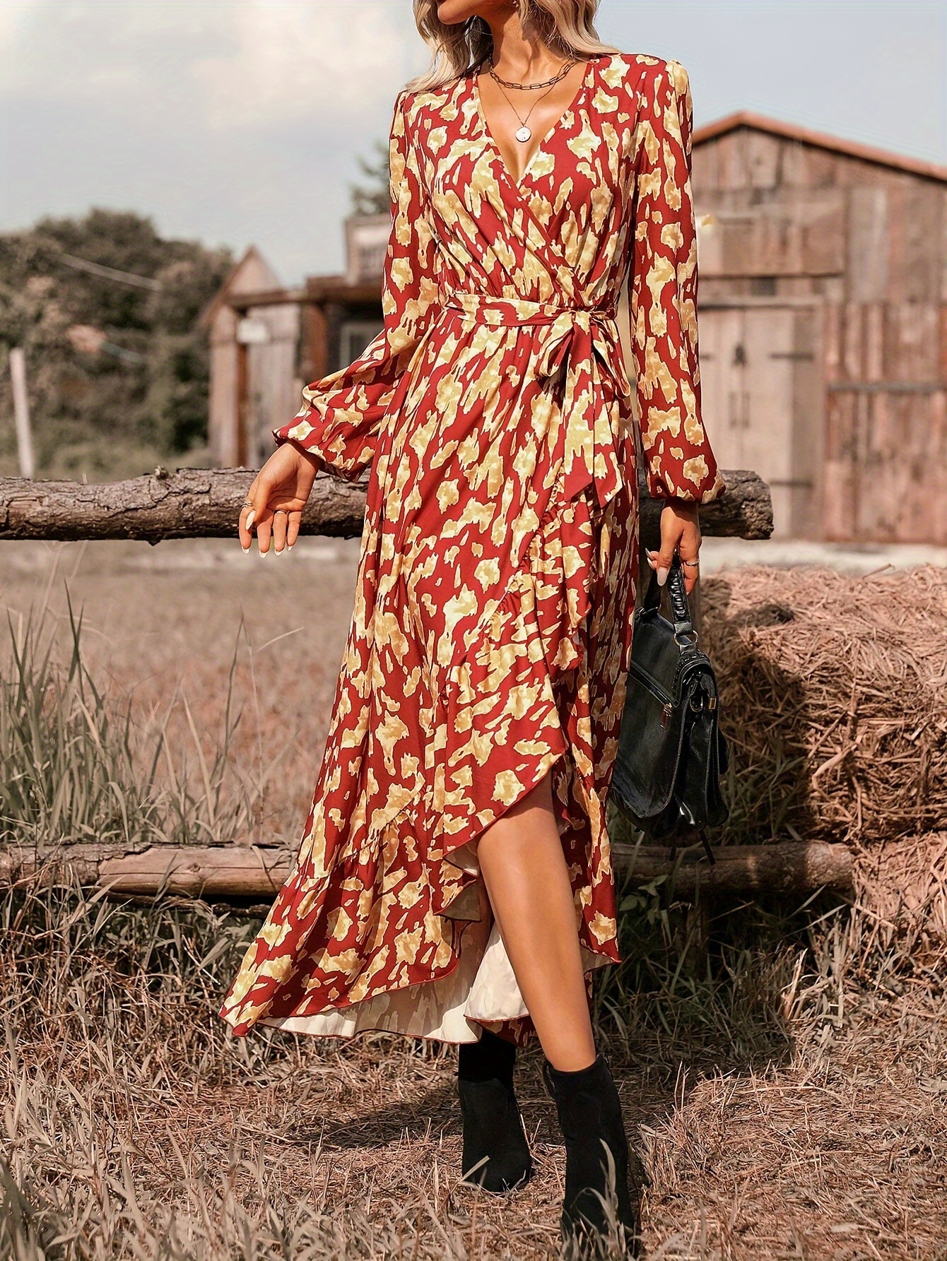 womens v neck wrap dress full print polyester tight top Temu Qatar