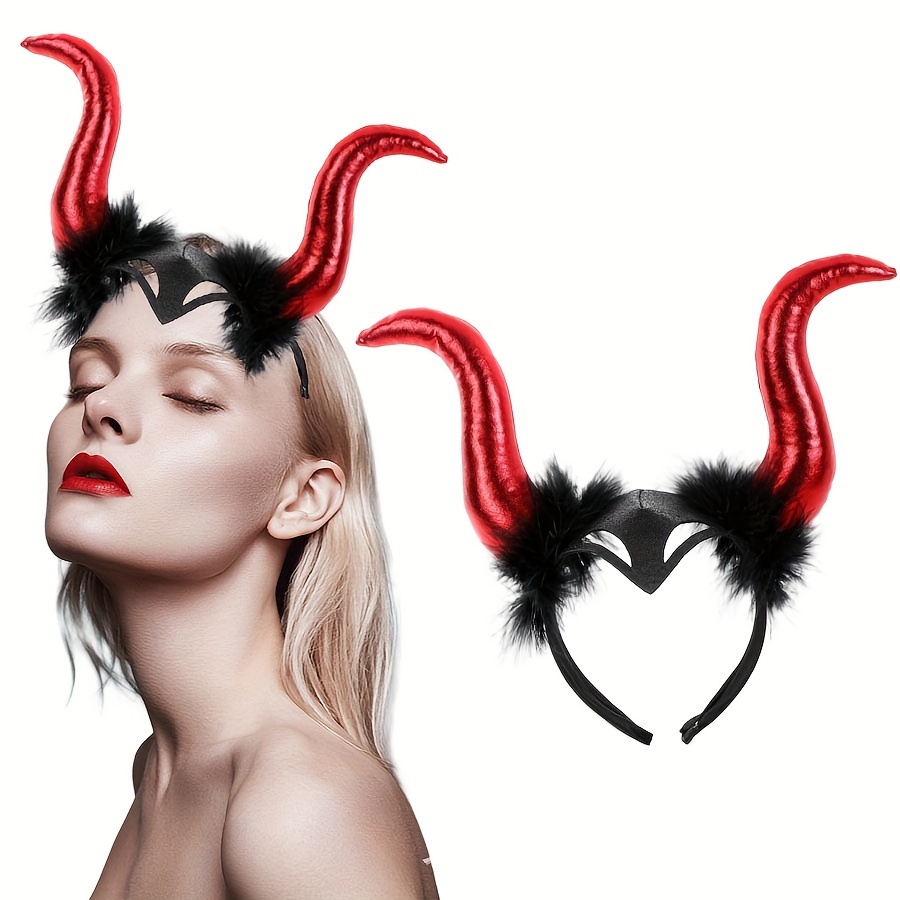 

Festive Horns Headband: Retro Punk Style With Art, Plush Feathers, And Red And Black Color Scheme