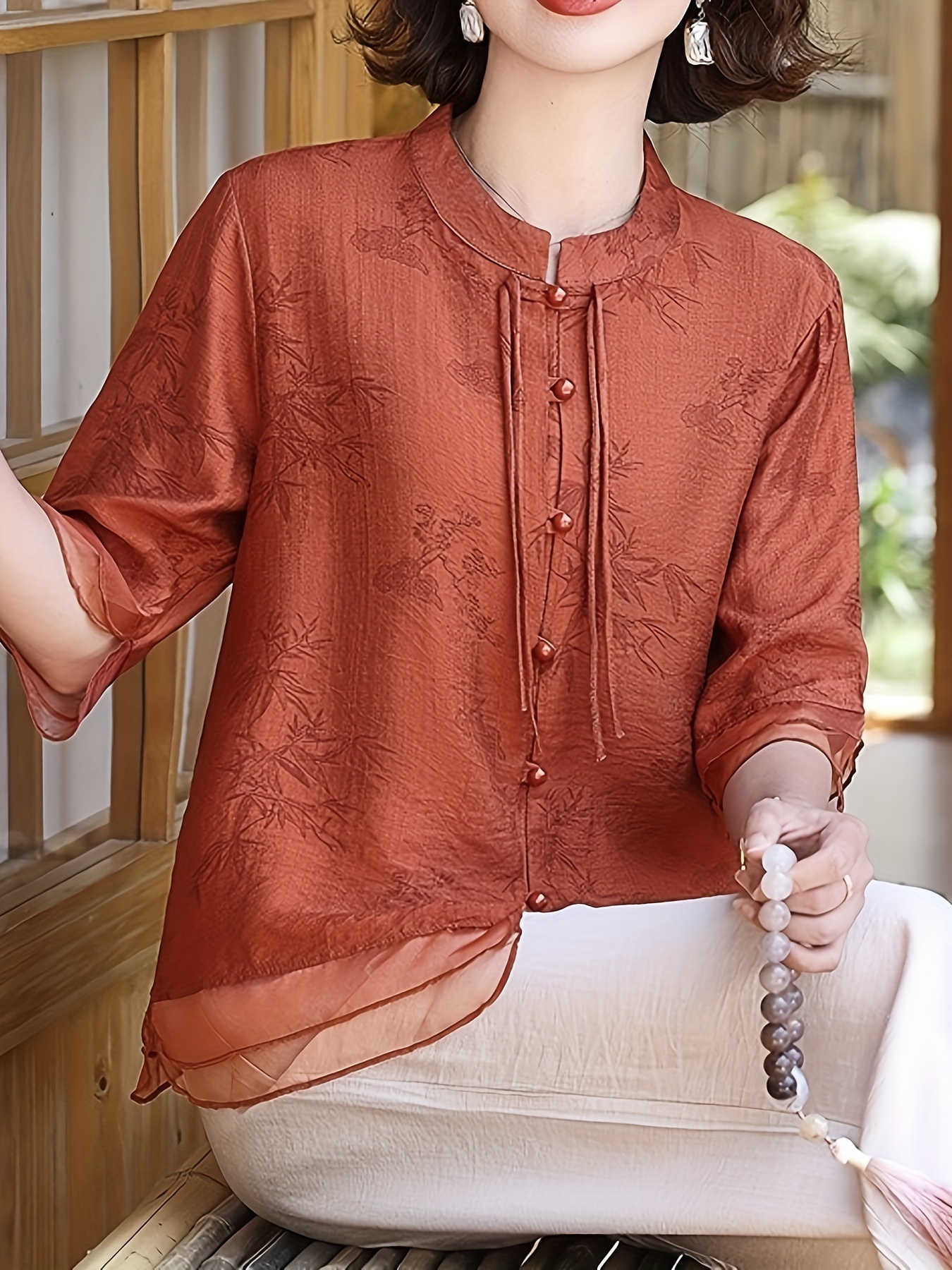 elegant summer women's short sleeve jacquard blouse - Temu
