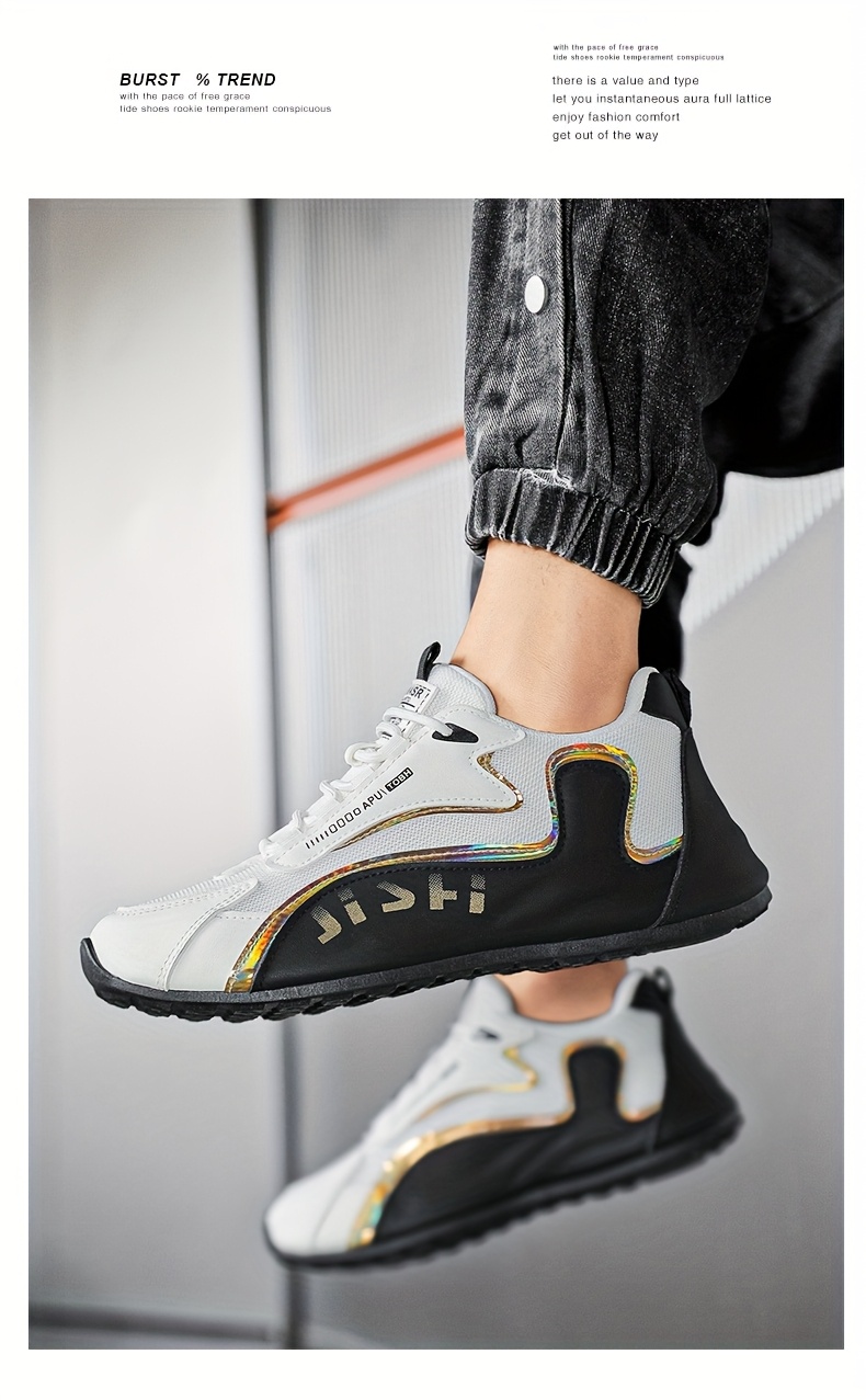 Tenis elegantes para hombre en blanco y dorado - Zapatos transpirables y cómodos para caminar con absorción de impactos, suela de PVC duradera y cierre de agujetas, ideales para uso casual, correr y actividades al aire libre, calzado casual | Tenis con agujetas elegantes | Zapatos cómodos para caminar