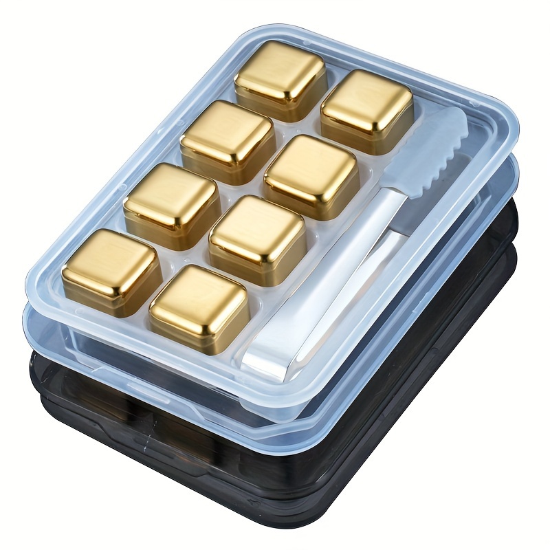 8pcs golden stainless steel whiskey ice cubes set with silicone tong reusable quick freeze metal chilling rocks for cocktails wine beverages reusable ice cubes for drinks details 2