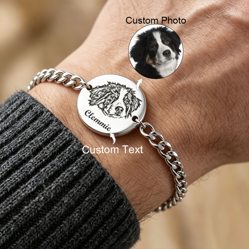TEMU Personalized Pet Portrait & Name - Custom Engravable Cuban Chain With Photo/text, Adjustable Round Pendant Suitable For Casual Attire, Gift For