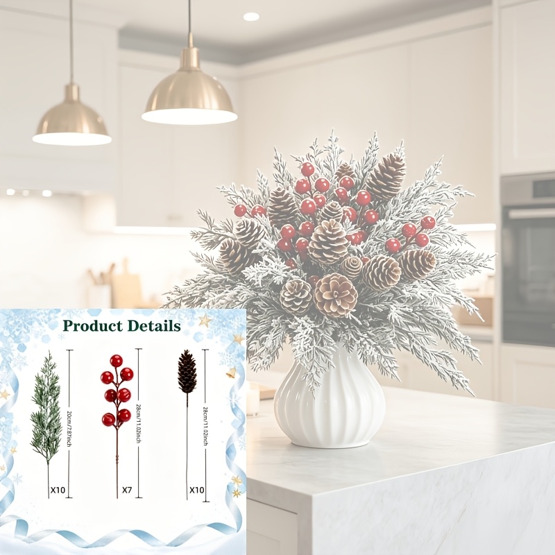 TEMU 27pcs Artificial Flower Set Snow-covered Norway , Pine Cones, And Red Berries. The Delicate Snow-effect A Realistic Winter Atmosphere With Rich,