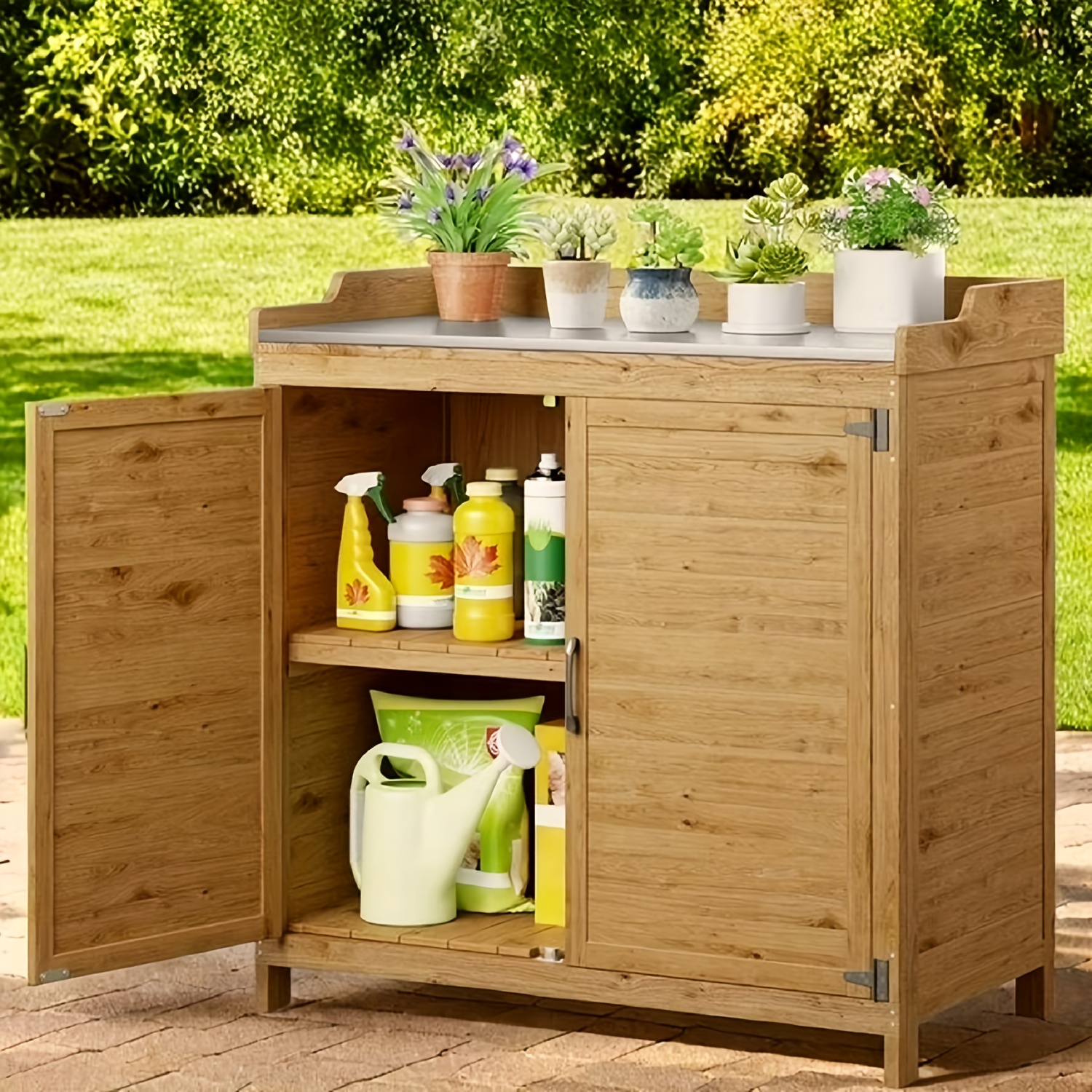 Outdoor Waterproof Wood Storage Cabinet & Potting Bench Table with Removable Shelves, ic Doors - Heavy-Duty Garden Shed Suitable for Yard,, Multi- Use - Natural/Gray Wood