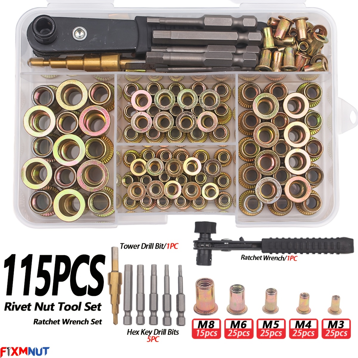 TEMU 115pcs Rivet Nut Tool Set, 5pcs Hex Drill Bits, 1pc Nut Driver, 1pc Ratchet Wrench, Metric Rivet Nut Combination, Reinforced Packaging