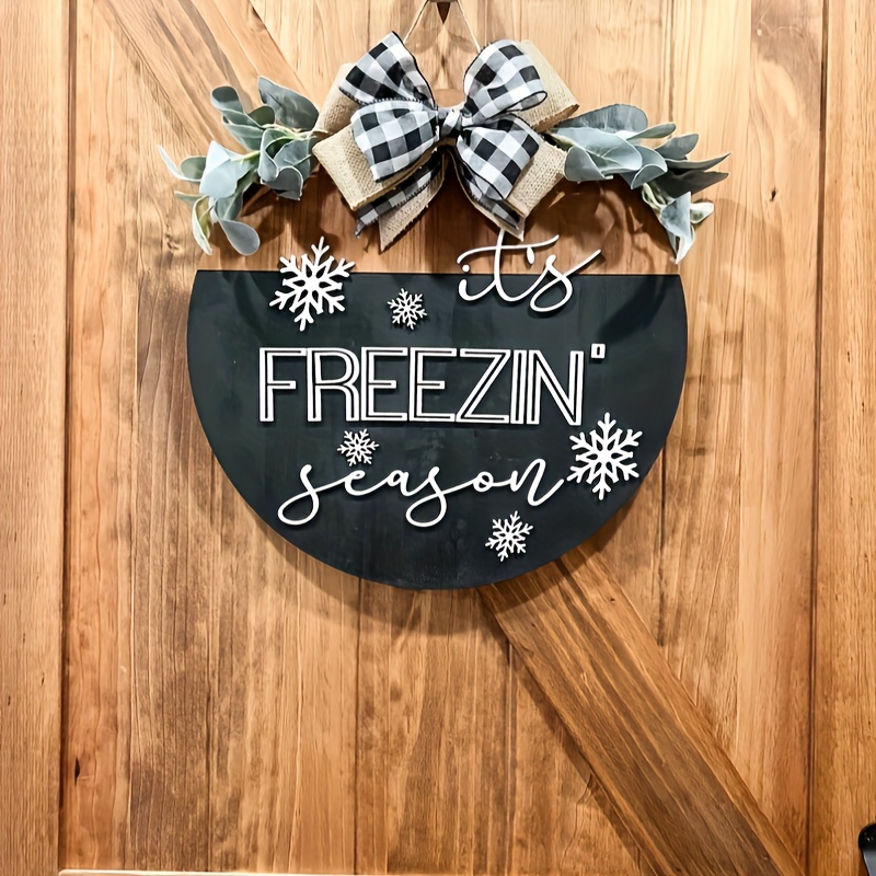 TEMU 3d Winter Door Wreath - Wood "freezin' Season" Christmas Hanging Decoration With Snowflake Bow & " Freezin' Season" Sign, Rustic Front Door