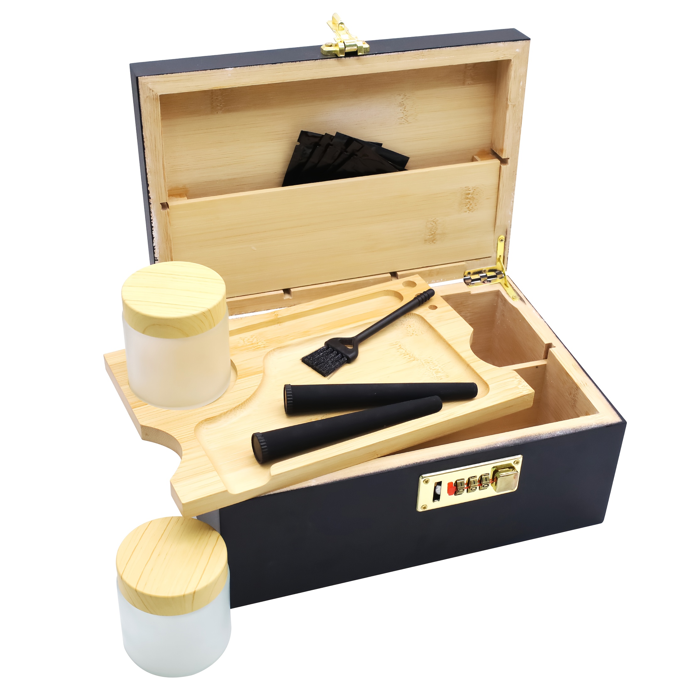 Wooden Storage Box With Lock, Bamboo Decorative Box With Glass Jar And Accessories, Storage Box With Rolling Tray, Storage Cans, Tubes, Brush, The Perfect Festive Gift, Storage Boxes For Organizing