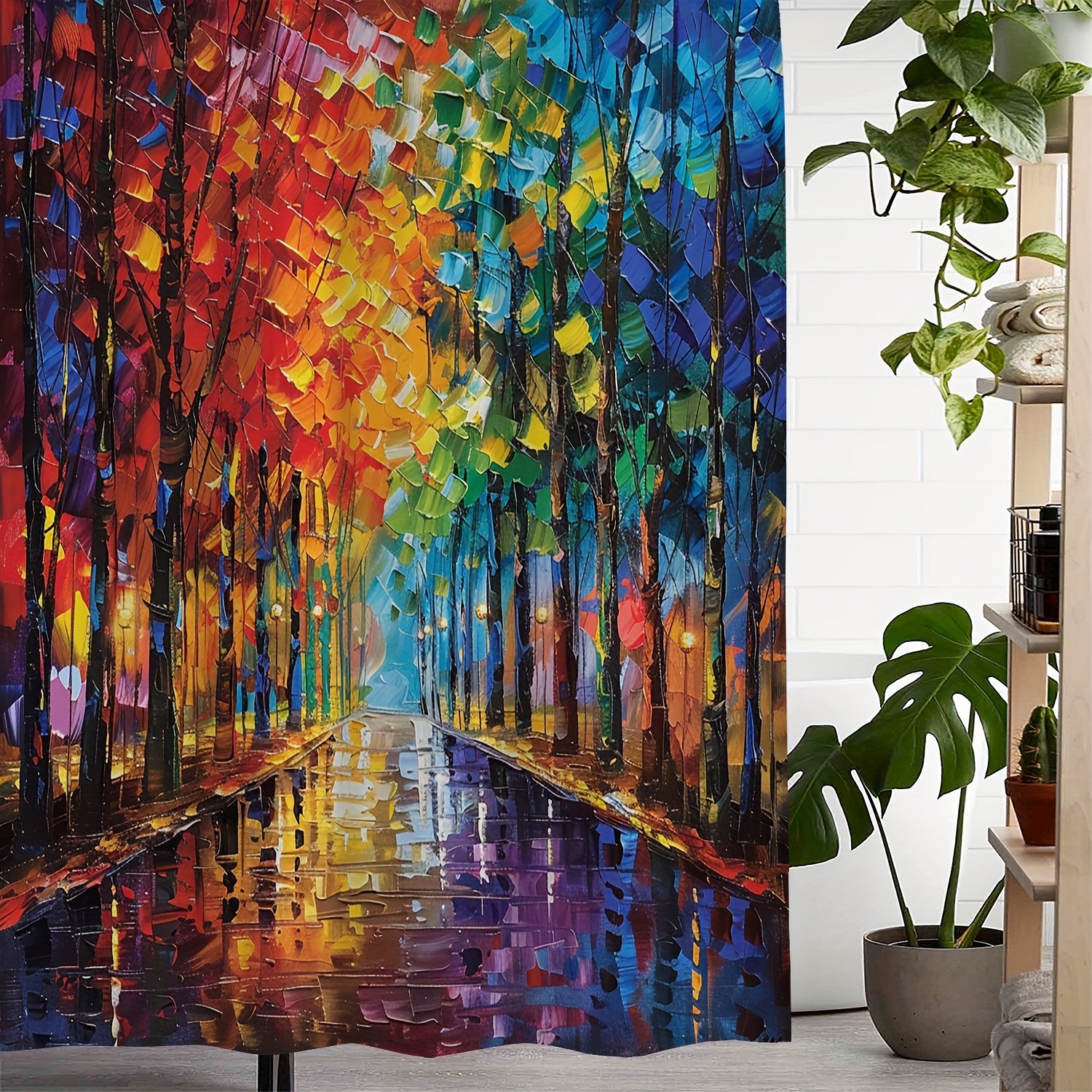 

1pc Colorful Forest Path Pattern Shower Curtain, Waterproof Shower Curtain With Hooks, Bathroom Partition, Bathroom Accessories, Home Decor