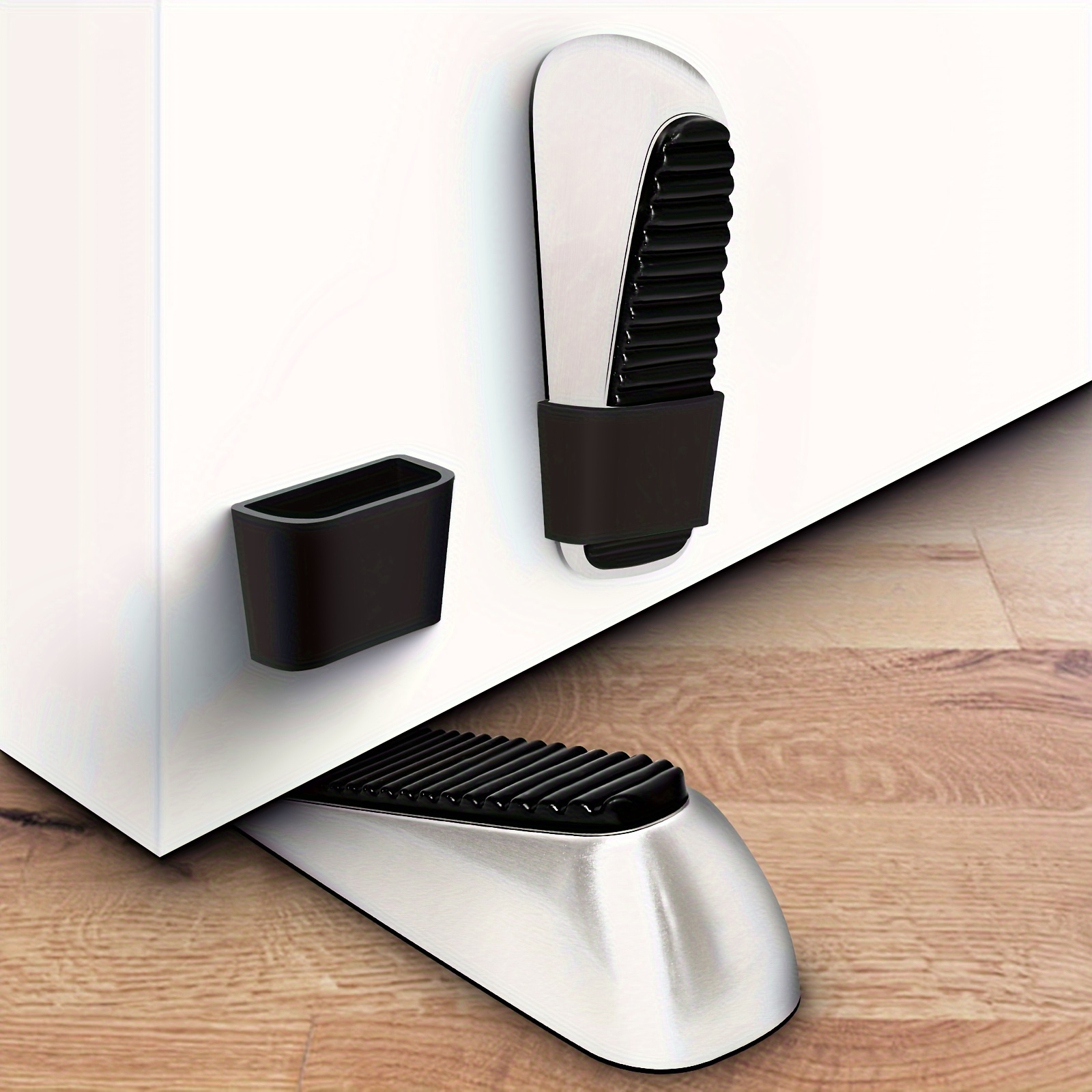 

Heavy-duty Door Stop Wedge With Brushed Metal Finish - Under Made Of Premium Zinc And Silicone For All Doors And Floors - 1.65" Height Doorstop With Metal Mounting Location