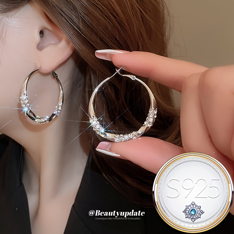 

1 Pair Elegant Twisted Hoop Earrings With Synthetic Cubic Zirconia, 925 Sterling Silver Plated, Sexy For Daily And Party Wear, Valentine's Day Gift, Jewelry