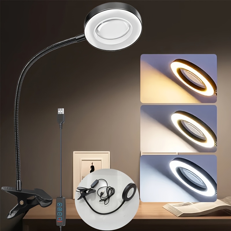 Image of 1pc Magnifying Glass Led Desk Lamp, Led Clip Light, 3 Of Dimmable Lighting, 10 Brightness Levels, Adjustable Rotating Magnifier, Usb Powered, Foldable, Black - For Close Work, Reading, Study