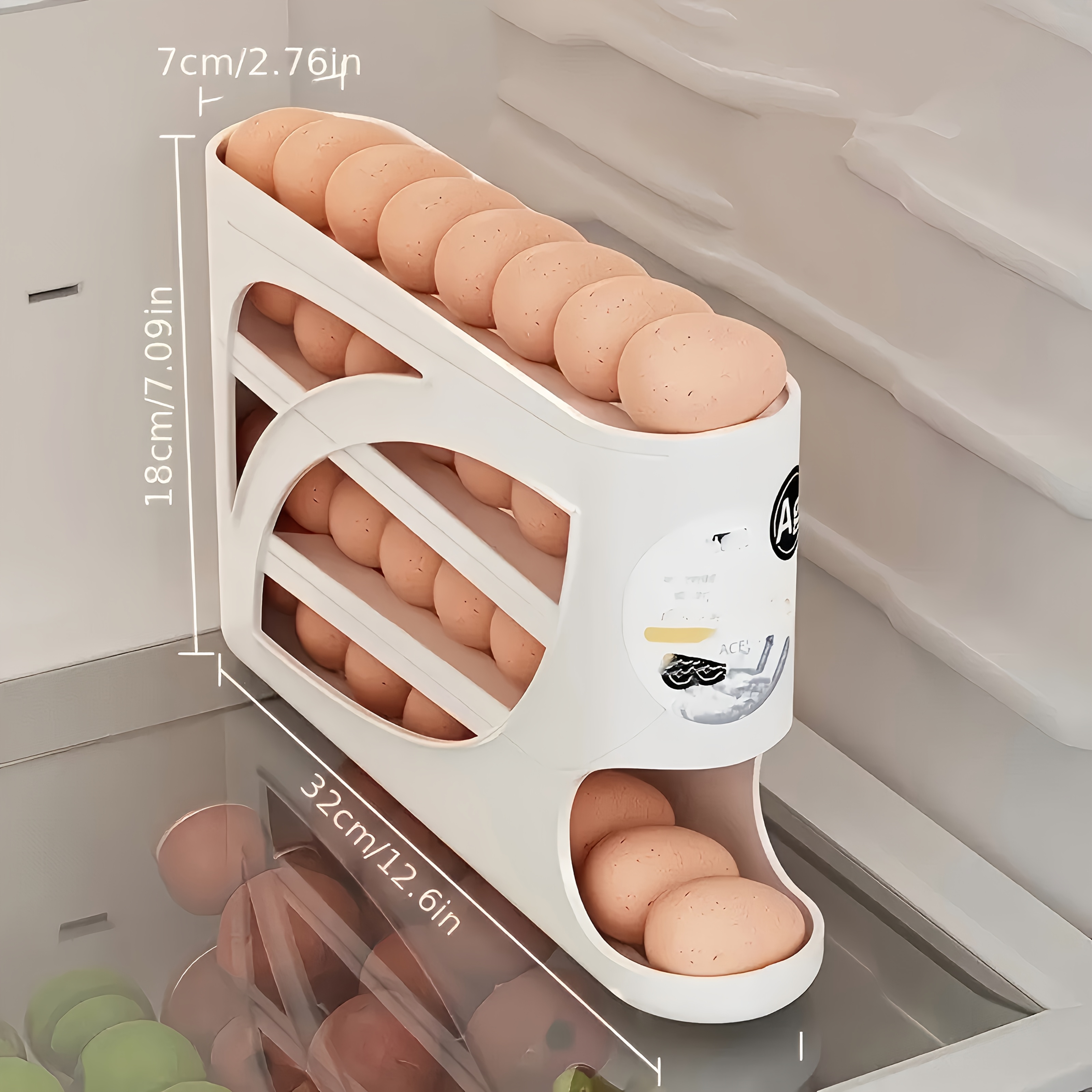 4-Tier Rolling Egg Holder - Space-Saving Side Door Design, Holds 30 Eggs, Smooth Glossy Finish, Convenient Handle | Suitable for Kitchen and Fridge Storage | Modern Kitchen Accessory | Durable Plastic Material