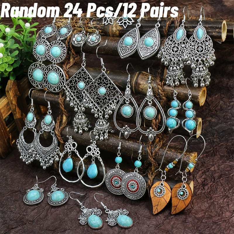 TEMU Random 24pcs/12 Pair Set Of Vintage Bohemian-style Turquoise Leaf-shaped Heart Drop Earrings. Fashionable Dangling Earrings Perfect For Women'