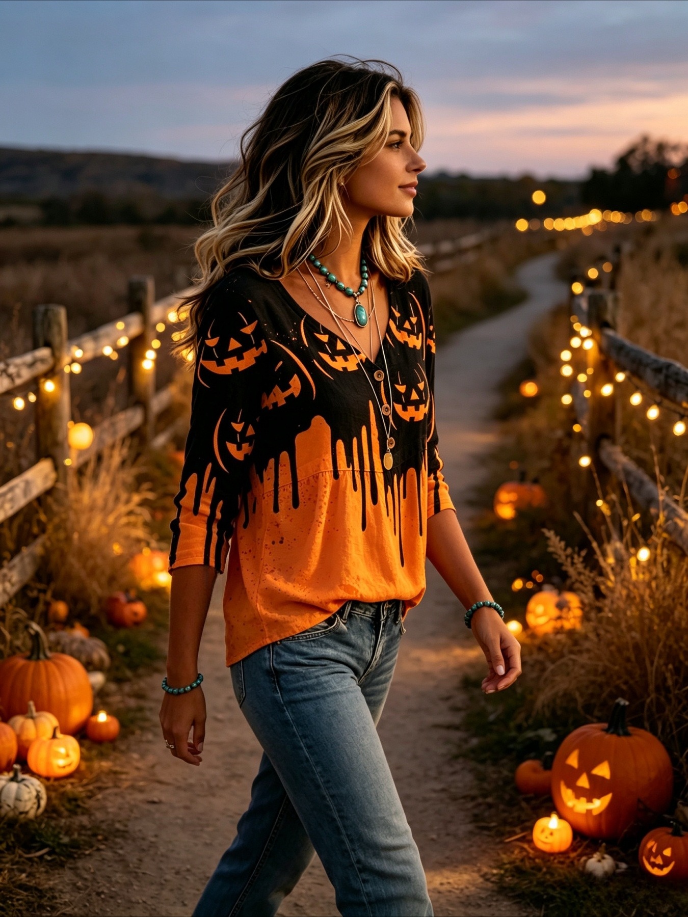 womens v neck button up shirt with halloween pumpkin gradient   five quarter sleeves