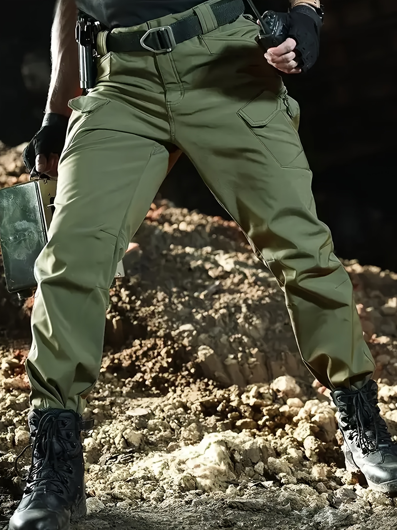 mens olive green windproof soft shell pants with fleece lining multi pocket polyester spandex blend for hiking cycling weatherresistant pants regular fit pants softshell hiking gear details 2